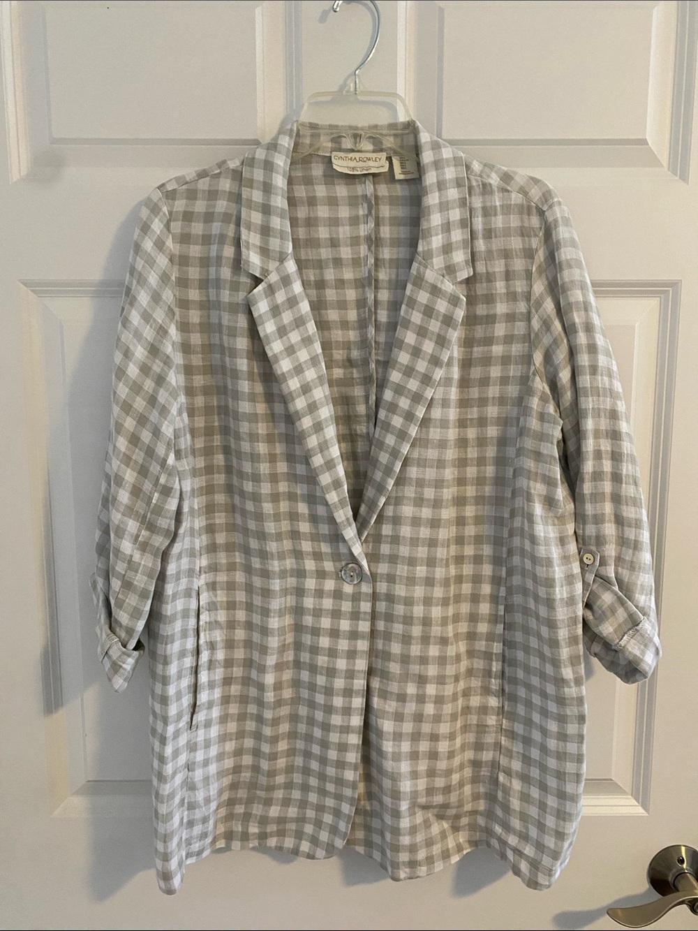 Cynthia Rowley Gray and White Gingham 100% Linen Button Shirt Jacket Blazer L